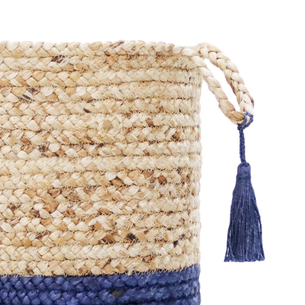 LR Home Woven Round Jute 17" Storage Basket with Handles, Indigo Stripe