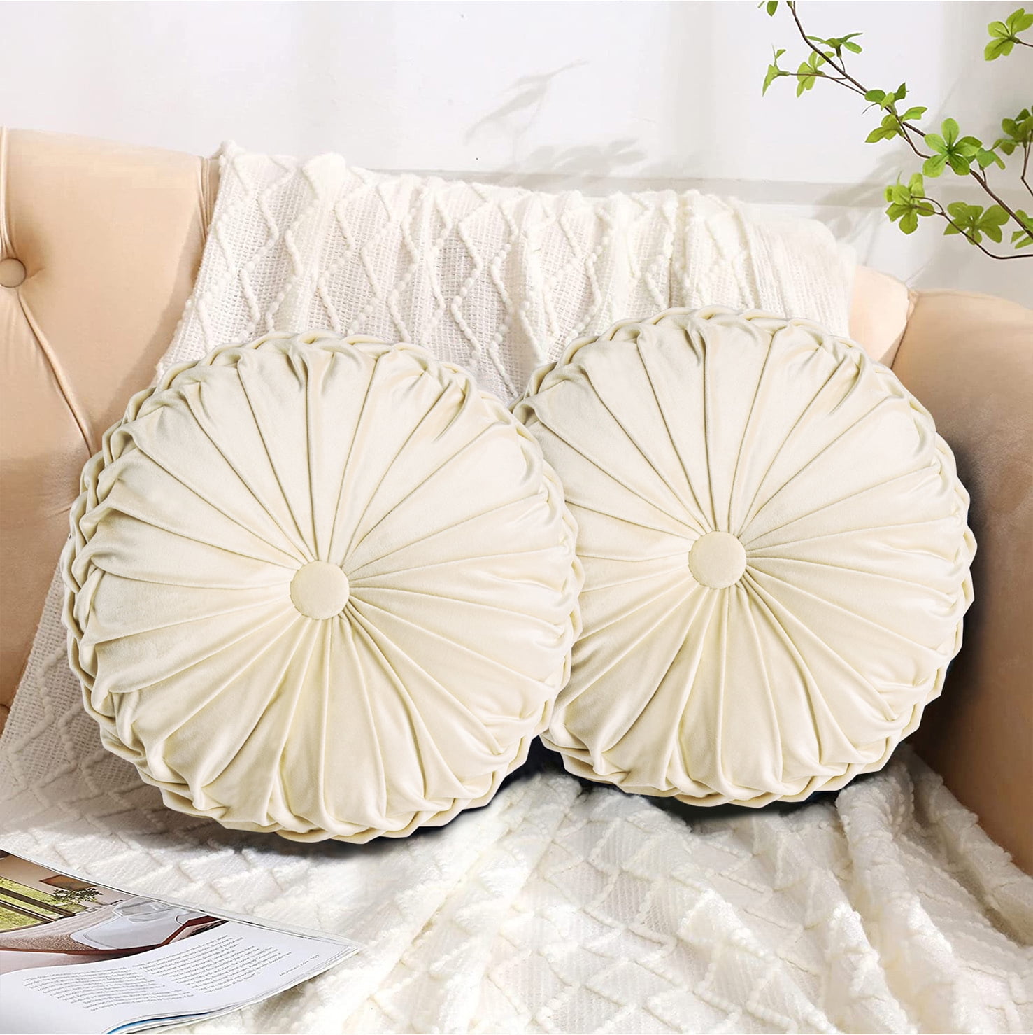 HIG Set of 2 Pumpkin Pleated Round Throw Pillows, Soft Velvet, Beige, 14.5" Diameter
