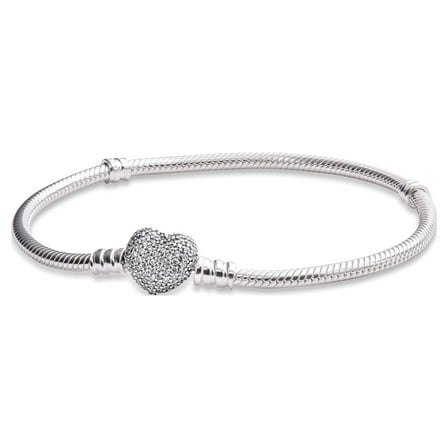 Silver Bracelet w/Heart Shaped-Clasp Pave Heart w/Clear CZ Bracelet 23 cm 590727CZ-23