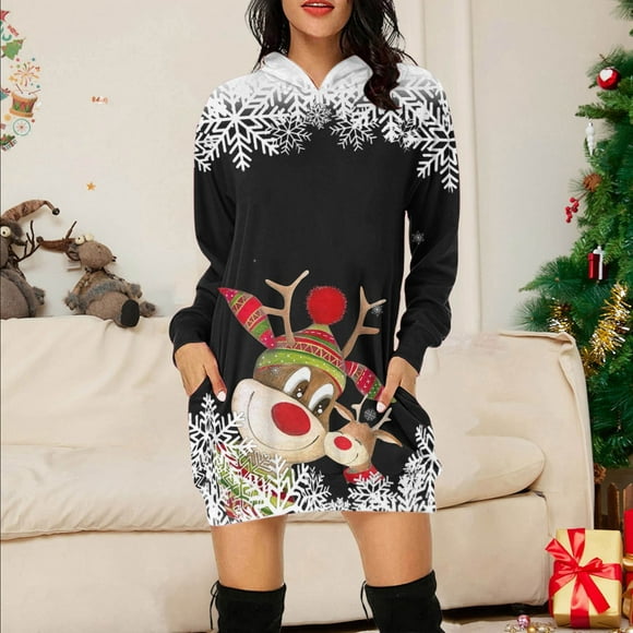 iTNHFP Maxi Dresses for Women 2025 太阳裙 Christmas Print Long Sweatshirt for Women Casual and Comfortable Holiday Top Stylish and Cozy Pullover for Winter Season