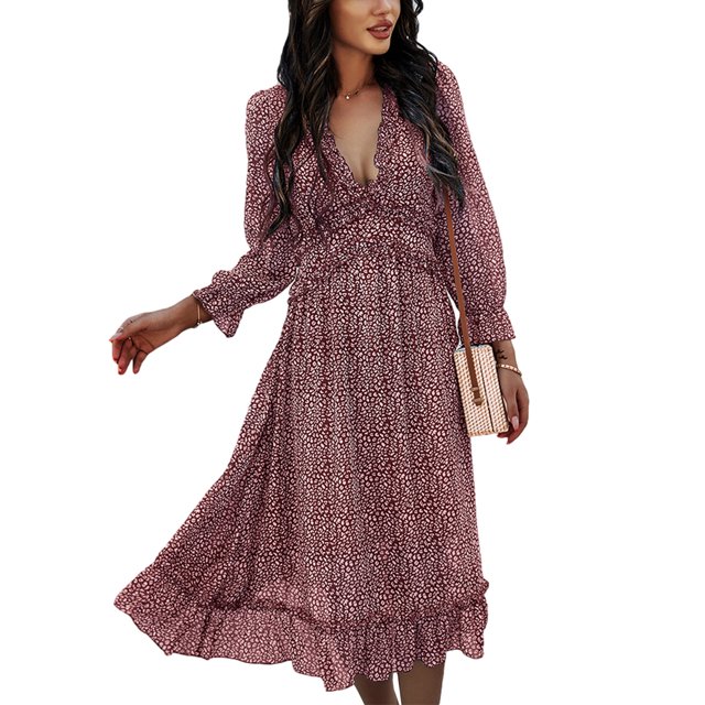 Honganda Robe Mode Femme Col en V Imprimé Manches Trois-Quarts