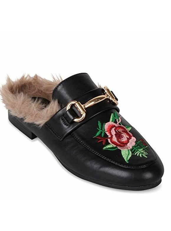 Wanted "Roseanne Slip-on Fur Lined Loafer with Rose Embroidery - (Black, 8.5)