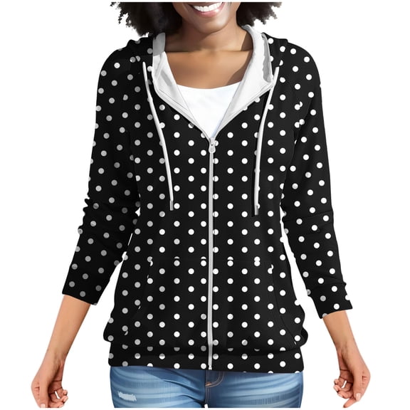 hoksml Women's Polka Dot Full Zip Hooded Jacket Drawstring Long Sleeve Pocket Casual Travel Outerwear