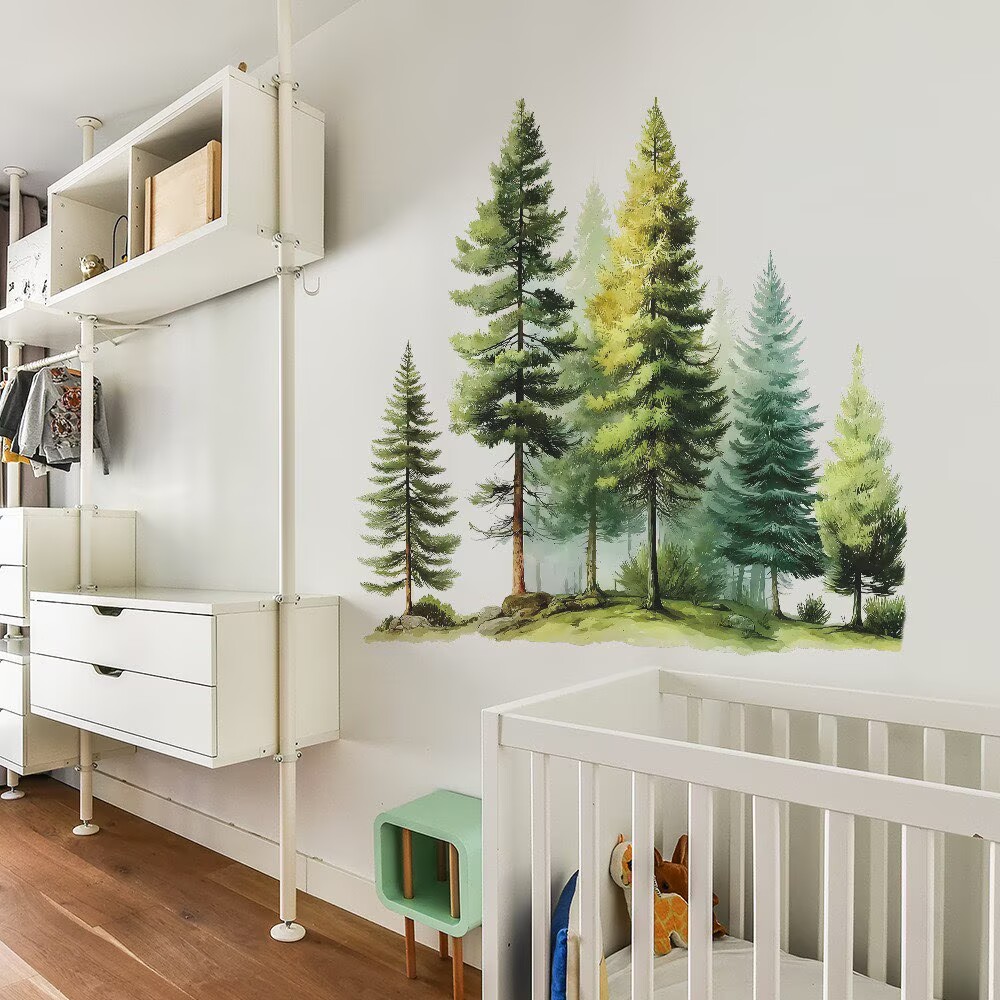 Large Pine Tree Wall Decals Peel and Stick Watercolor Extra Large Tree Wall Decal Forest Transparent decal Nature Green Tree Wall Stickers Giant Pine Tree Wall Decals for Nursery Kids Room Decor