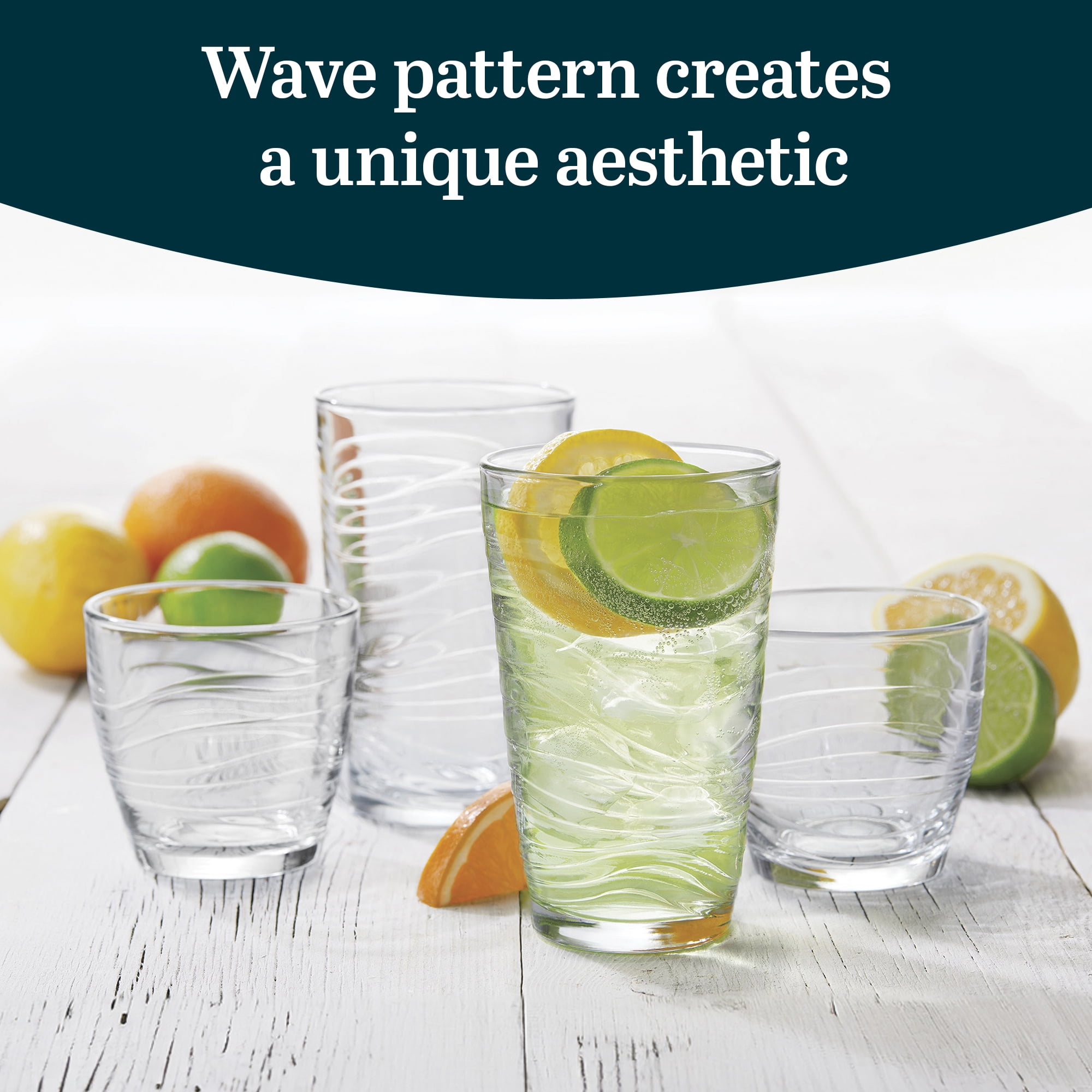 Libbey Orbita Rocks and Tumbler Drinking Glasses Set of 16, Durable Glass Cups Set with Wave Pattern, Glassware Drinking Glasses for Any Occasion