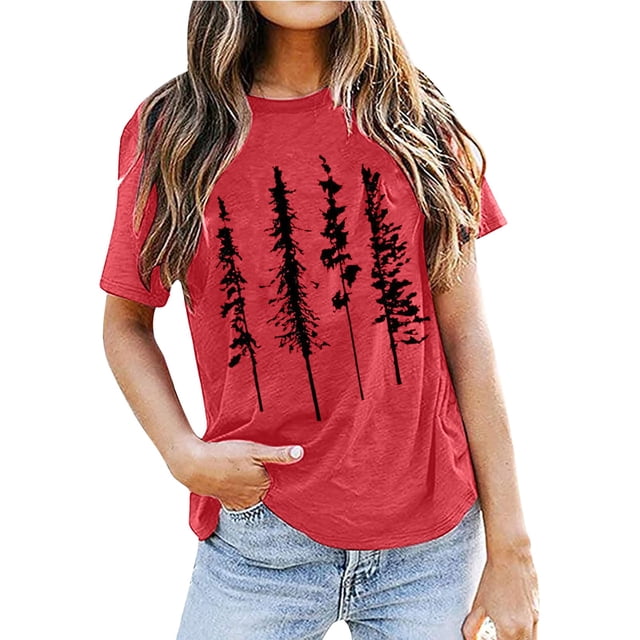 Hauts de Printemps pour Femmes Couleur Unie Col Rond Ample Basique Imprimé Manches Courtes T-Shirts Décontractés Surdimensionnés pour Femmes Rouge L