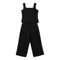thumbnail image 5 of TEAJOPSUU Womens Summer Linen 2 Piece Solid Sets Matching Travel Outfits Sleeveless Square Neck Button Down Tank Tops Elastic Wide Leg Capri Pants Sets Black, 5 of 7