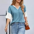 thumbnail image 5 of RYRJJ Womens Summer Tops Fashion Half Sleeve Waffle Knit Shirts Casual V Neck Colorblock Patchwork Blouses(Light Blue,XL), 5 of 9
