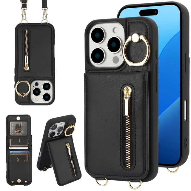 Funda tipo cartera con forma de bandolera Jcxtrombulous para iPhone 14 Pro, color negro