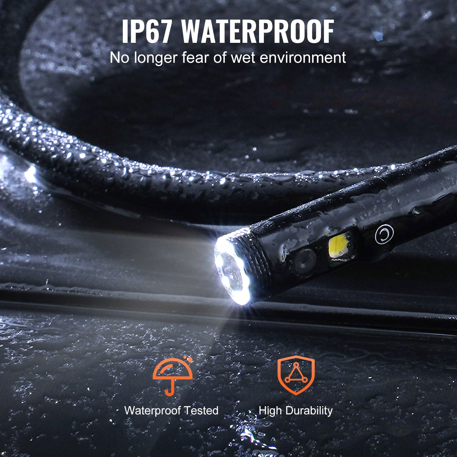 VEVOR Endoscope Camera with Light,Triple Lens Borescope with 49.2FT Semi-Rigid Cable, 5" Screen 1080P Inspection Camera, 8 + 2 LED Lights, IP67 Waterproof Snake Camera for Auto, Plumbing (32GB Card)