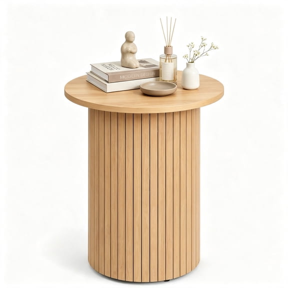 Round Fluted Accent Side Table -18Wx22.5H" Slim Fluted Accent Piece for Narrow Spaces - Oak End Table for Living Room & Bedroom -Natural