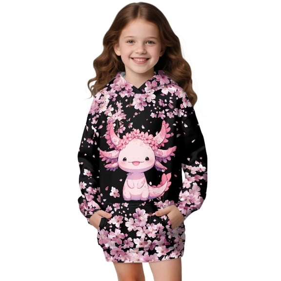 Psesaysky Girls Oversized Hoodies Axolotl Cherry Blossom Print Kids Fleece Lined Long Sleeve Hooded Sweatshirt with Kangaroo Pocket for 9-10 Years