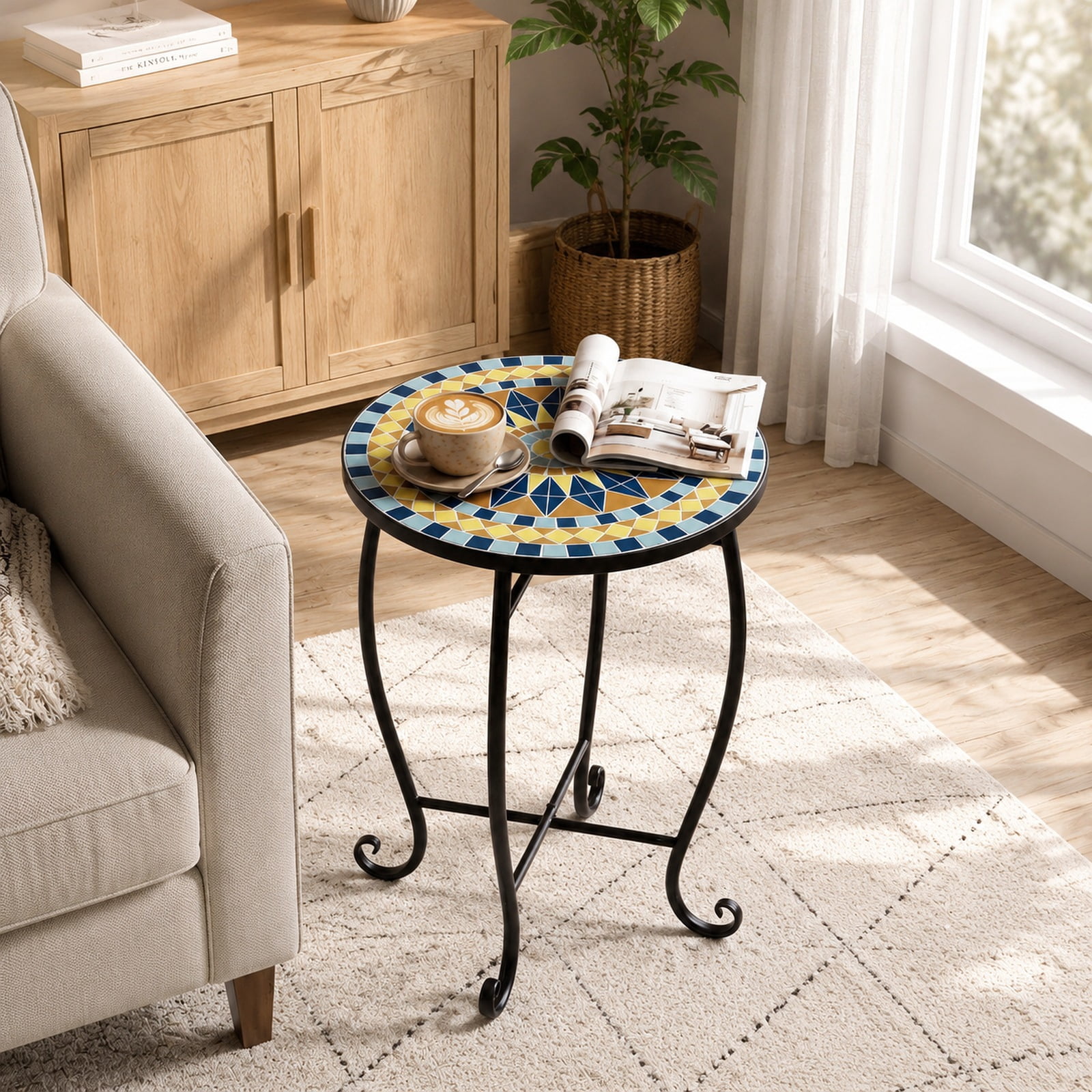 Biotree 14 Inch Mosaic Patio Accent Table, Metal Outdoor Side Table Plant Stand with Sunflower Floral Top and X-Base for Backyard Poolside, Yellow