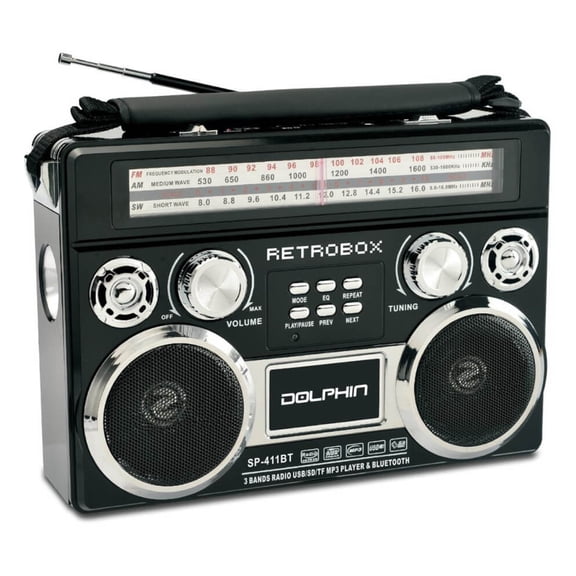 Dolphin SP-411BT Retro Bluetooth Radio with AM/FM/SW, Rechargeable Battery, USB, SD, AUX, Telescoping Antenna, Leather Handle–Speaker with Vintage Design, Black