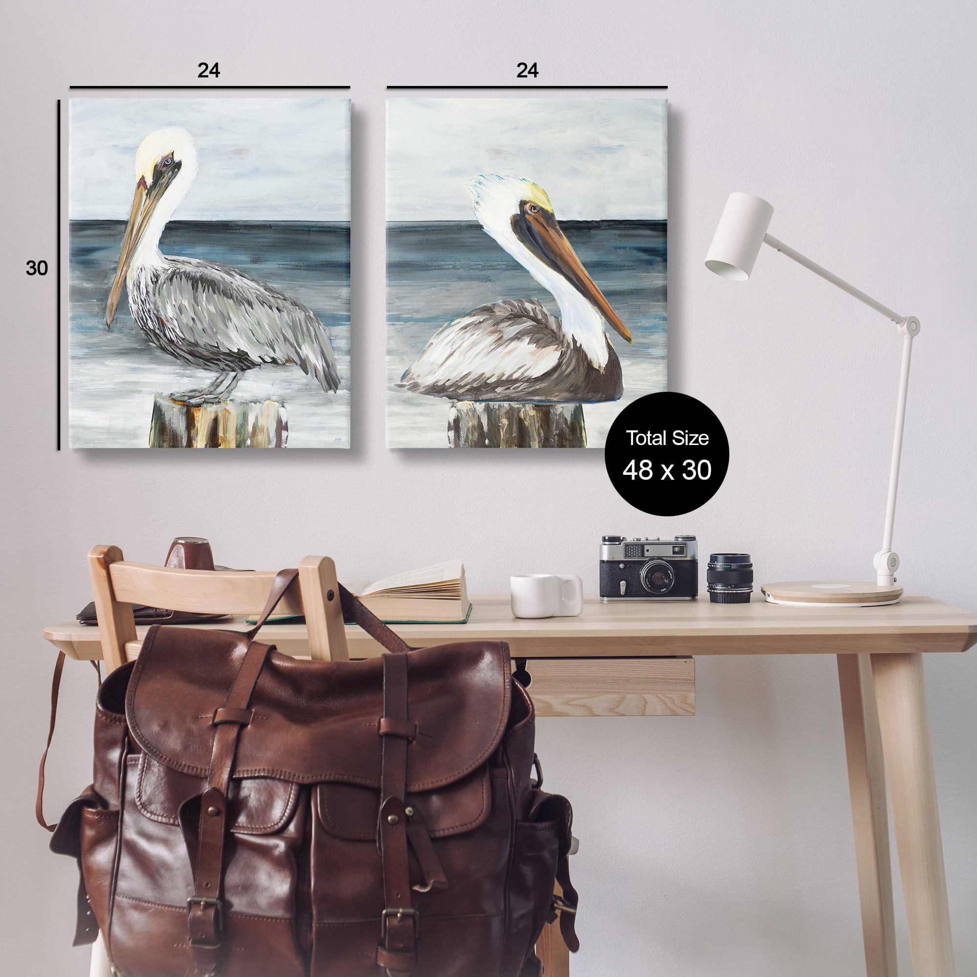 Stupell Industries Beachfront Pelican Log Animals Painting Wrapped Canvas Art Print Wall Art, 24 x 30, Set of 2