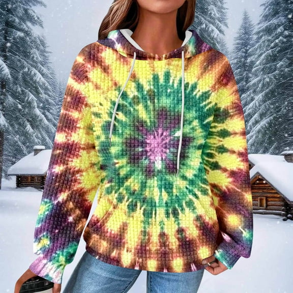 YOIAVAIOY Womens Trendy Hoodie Sweatshirts Long Sleeve Waffle Hooded Sweatshirts Drawstring Graphic Pullover Fashion Casual Y2k Tops with Pocket Yellow M