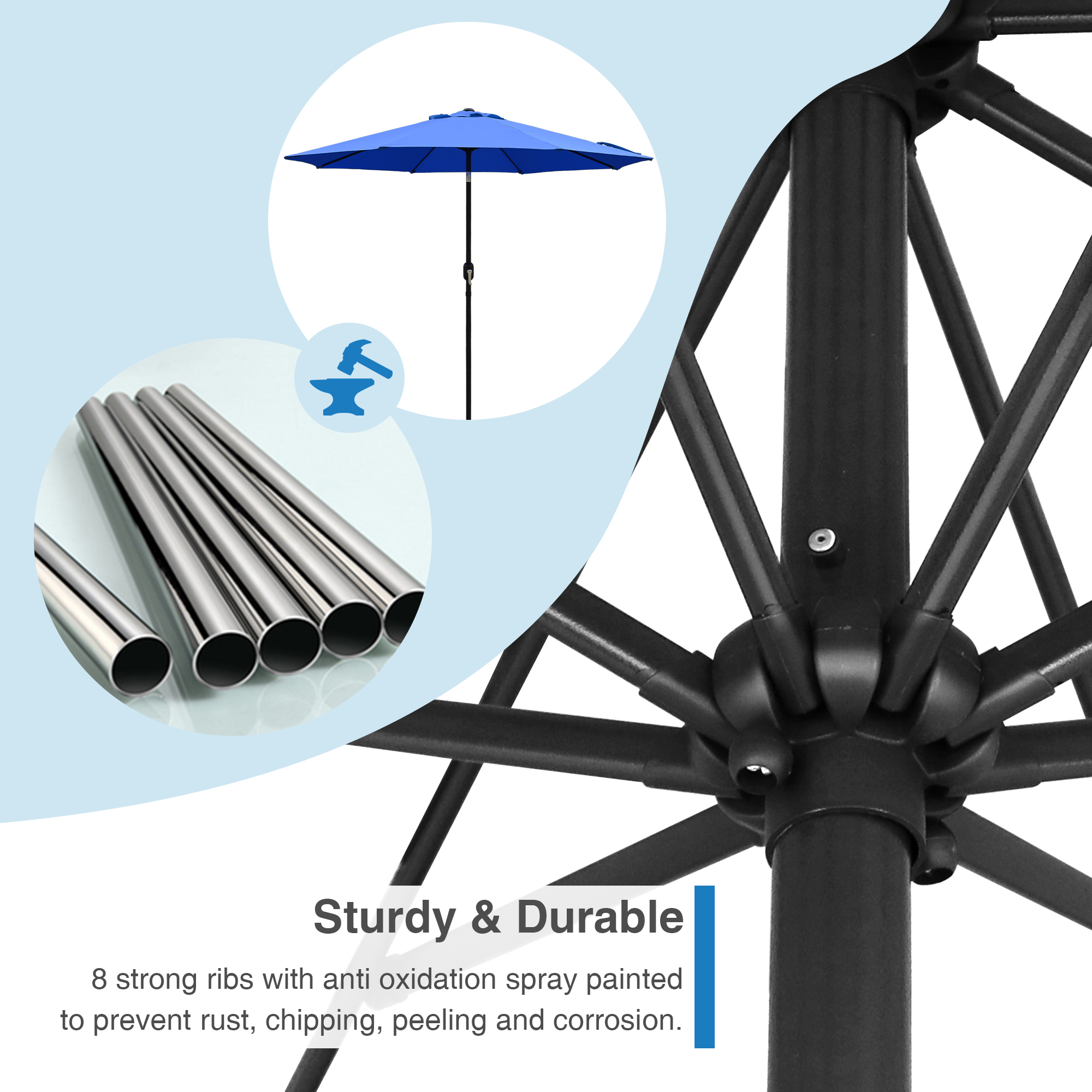 Abble Outdoor 9ft Patio Umbrella with Crank Handle and Push Button Tilt, Outdoor Market Umbrella with 8 Ribs for Garden, Deck, Backyard, Pool, Royal Blue