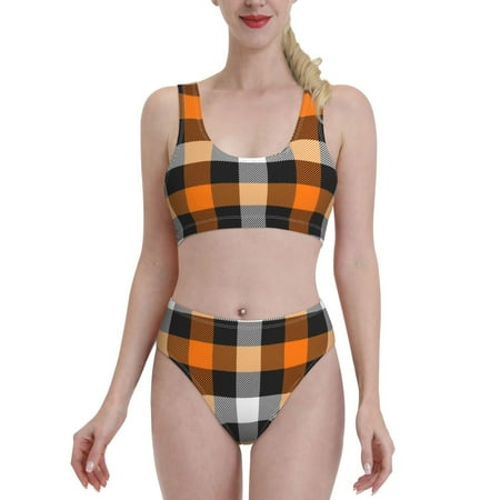 Bixox Orange Plaid Pattern Two-Piece Sports Bikini with U-Shaped Top and High-Waist Bottom - Women s Swimwear with Removable Bra Pads