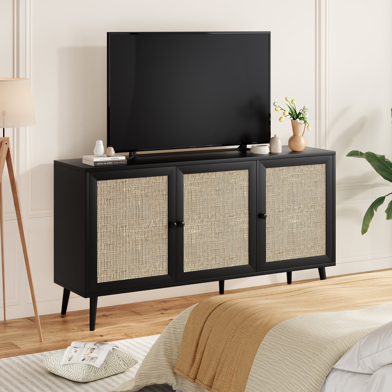 Aukfa Rattan Sideboard Buffet Cabinet,Accent Cabinet with Doors & Shelves for Kitchen, Living Room,Black