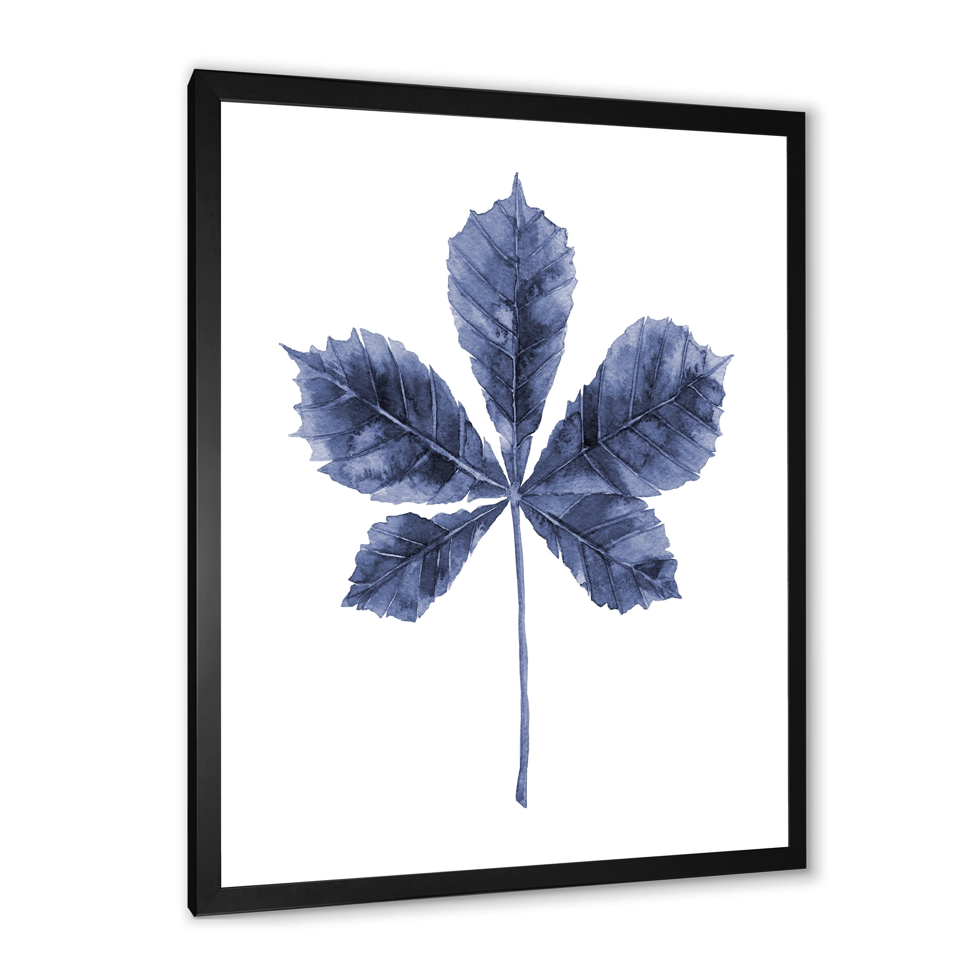 Designart 'Navy Blue Chestnut Leaf On White' Traditional Framed Art Print