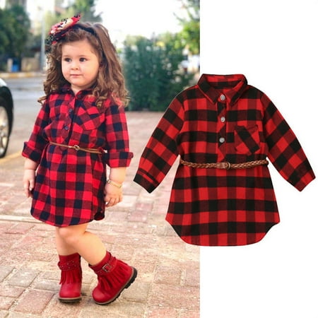 

TheFound Christmas Newborn Toddler Baby Girls Plaid Princess Party Dress Belt Clothes