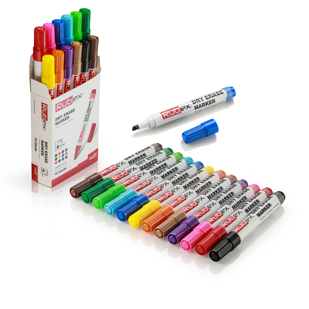 Rubex Dry Erase Markers Assorted 12Count Colors, Low Odor, Chisel Tip