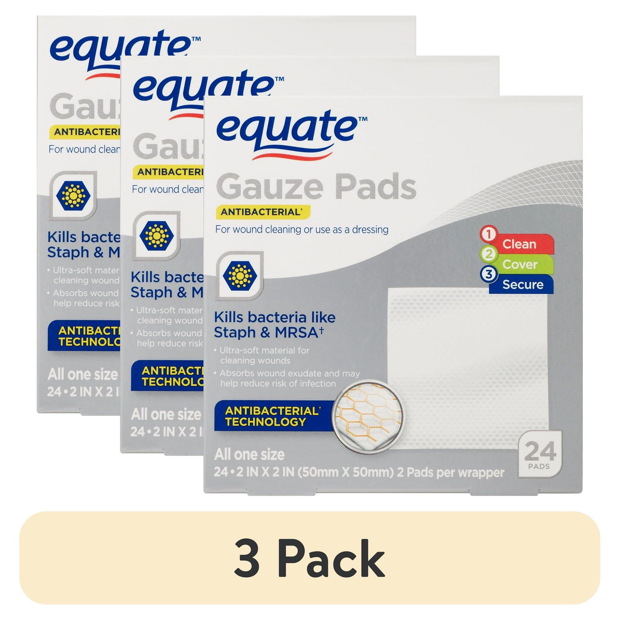 (3 pack) Equate Antibacterial Gauze Pads, 2 in x 2 in, 24 Count