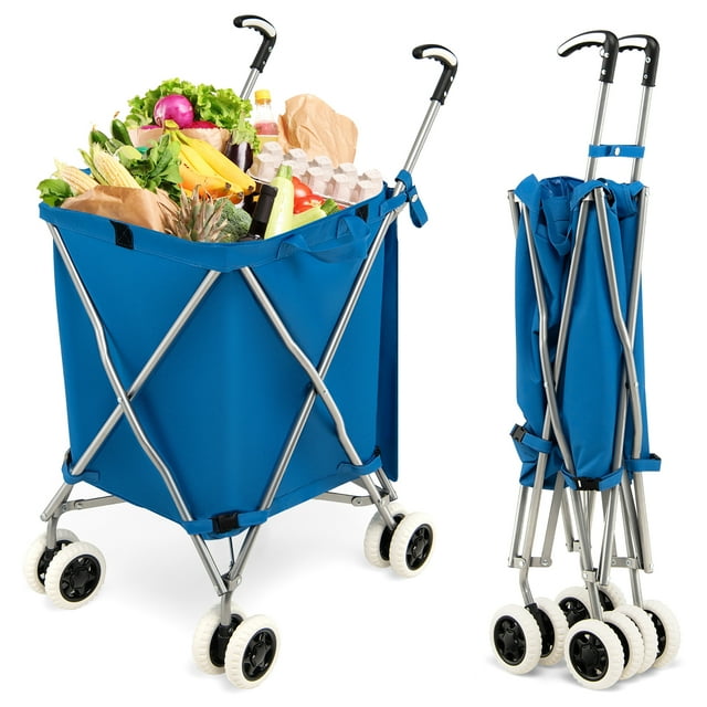 Costway Folding Shopping Cart Utility w/ Water-Resistant Removable Canvas Bag Blue