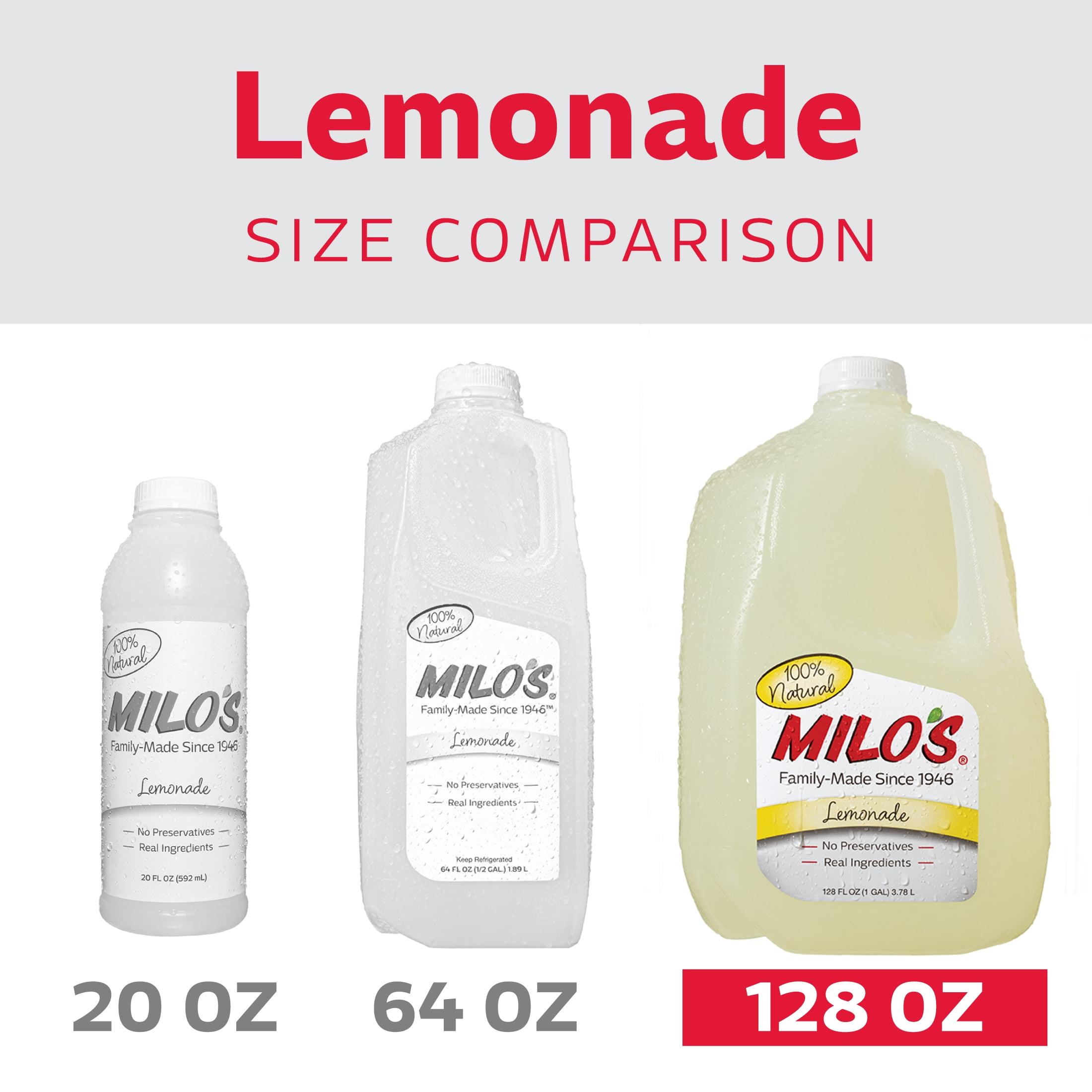 Milo's Lemonade Juice Drink 100% Natural, 128 fl oz Refrigerated Jug Caffeine Free, No Added Colors