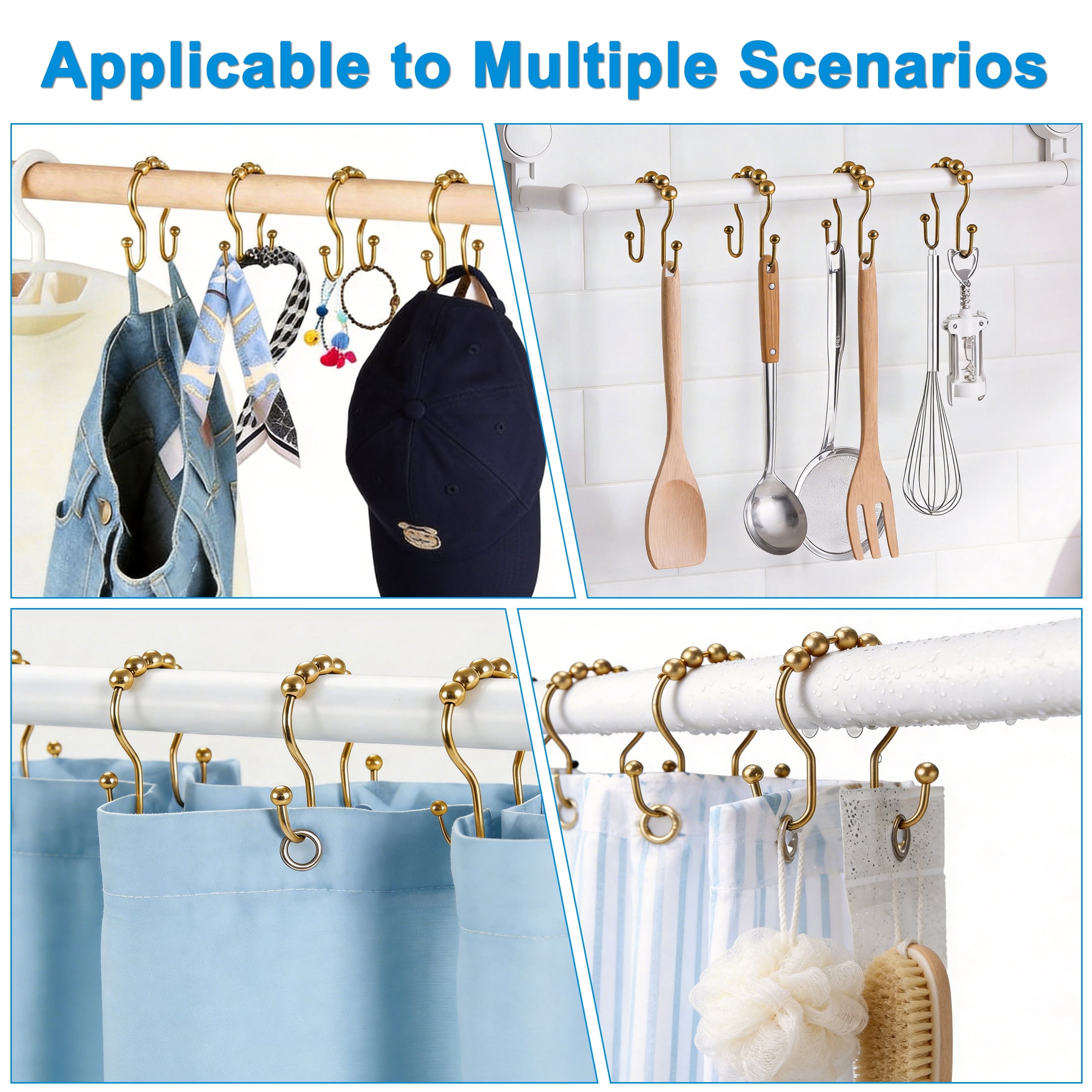 Shower Curtain Hooks, Rustproof Metal Double Sided Shower Curtain Rings with Beaded Rollers, No Drill Shower Hooks for Bathroom Curtain Rods, Set of 12