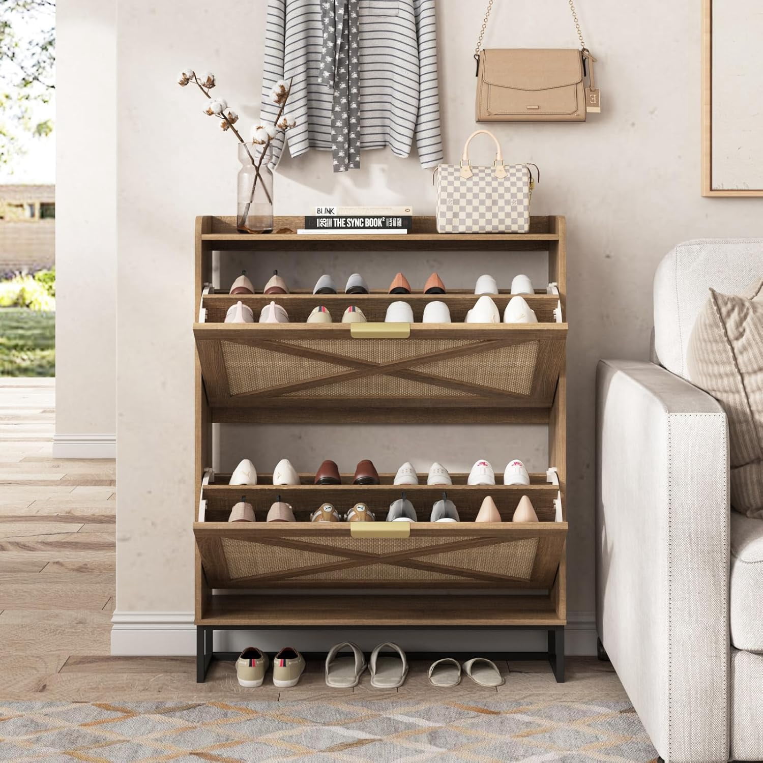 Vabches Farmhouse Shoe Storage Cabinet with 2 Flip Drawers & 1 Compartment, Hidden Narrow Shoe Rack Cabinet with Adjustable Shelves for Entryway, Hallway