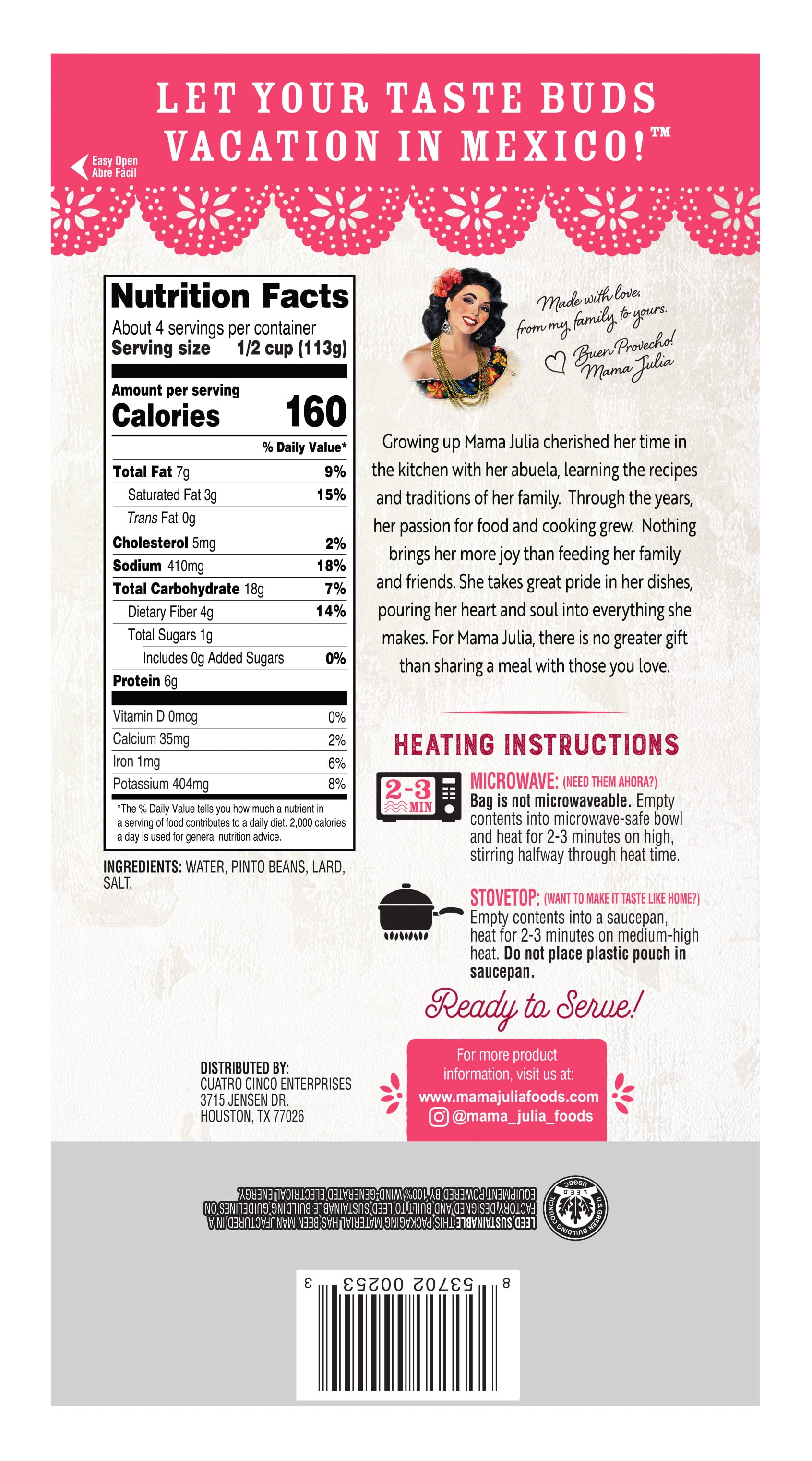 Mama Julia Gluten-Free Refrigerated Refried Pinto Beans Ready to Heat & Eat 17.6 oz Pouch