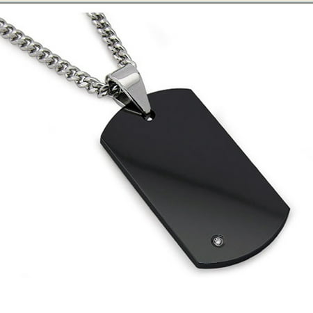 Men's Black Tungsten Carbide Dog Tag with REAL Diamond 24 Steel Curb Link Chain
