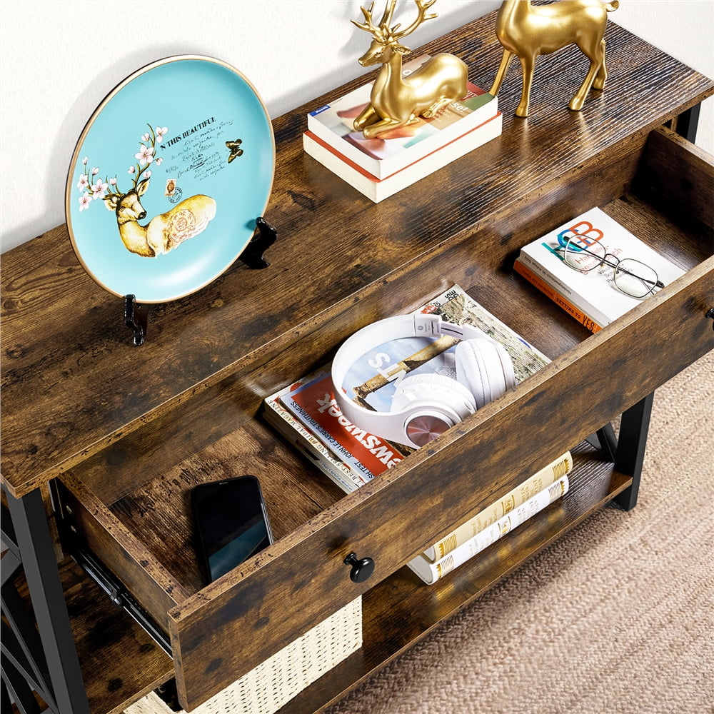 Renwick Wooden Console Table with 1 Drawer and 2 Open Shelves for Livingroom, Rustic Brown: