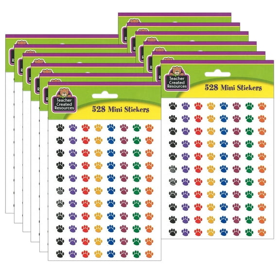 Teacher Created Resources Colorful Paw Prints Mini Stickers, 3/8"Dia, 528 Per Pack, 12 Packs