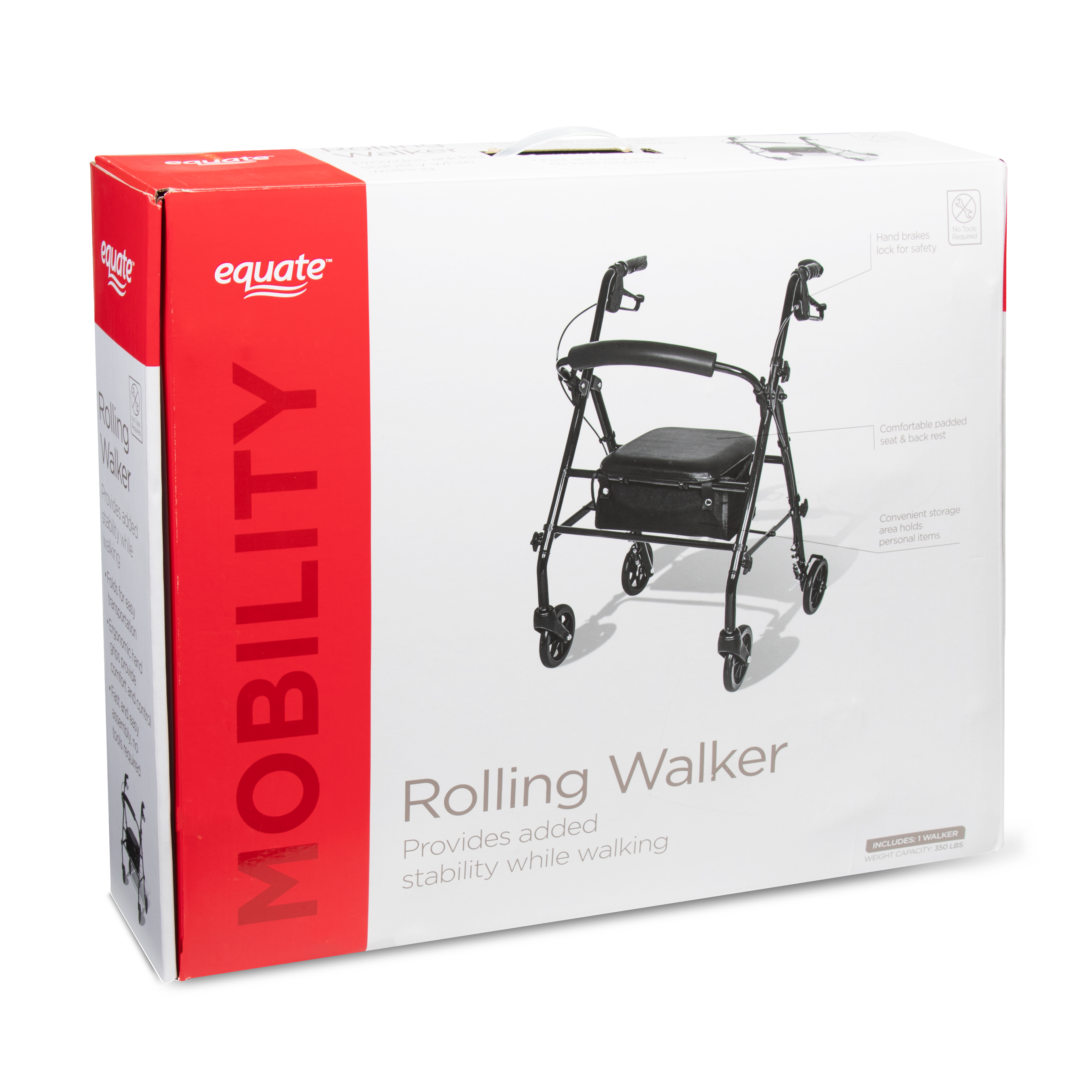 Equate Rolling Walker for Seniors, Rollator with Seat and Wheels, Black, 350 lb Capacity - image 5 of 9