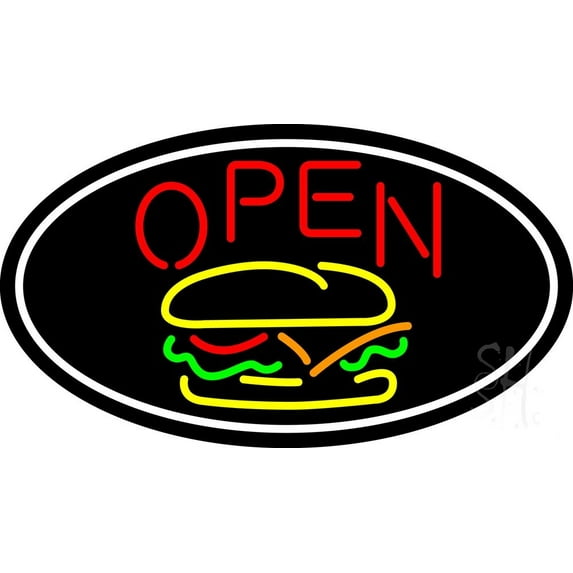 Burger Open Oval LED Neon Sign 13 x 24 - inches, Clear Edge Cut Acrylic Backing, with Dimmer - Bright and Premium built indoor LED Neon Sign for restaurant window and interior decor.