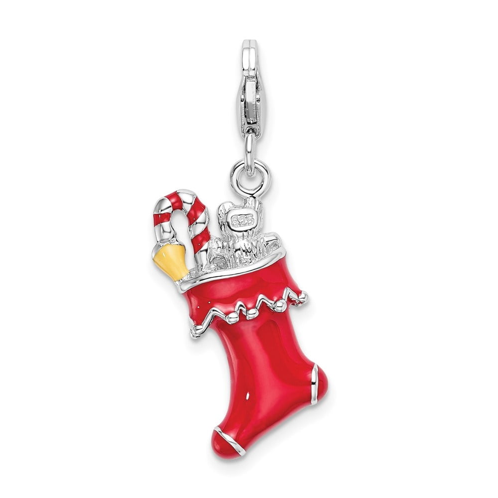 Auriga 925 Sterling Silver 3-D Red Enameled Holiday Stocking Charm with Fancy Lobster Clasp