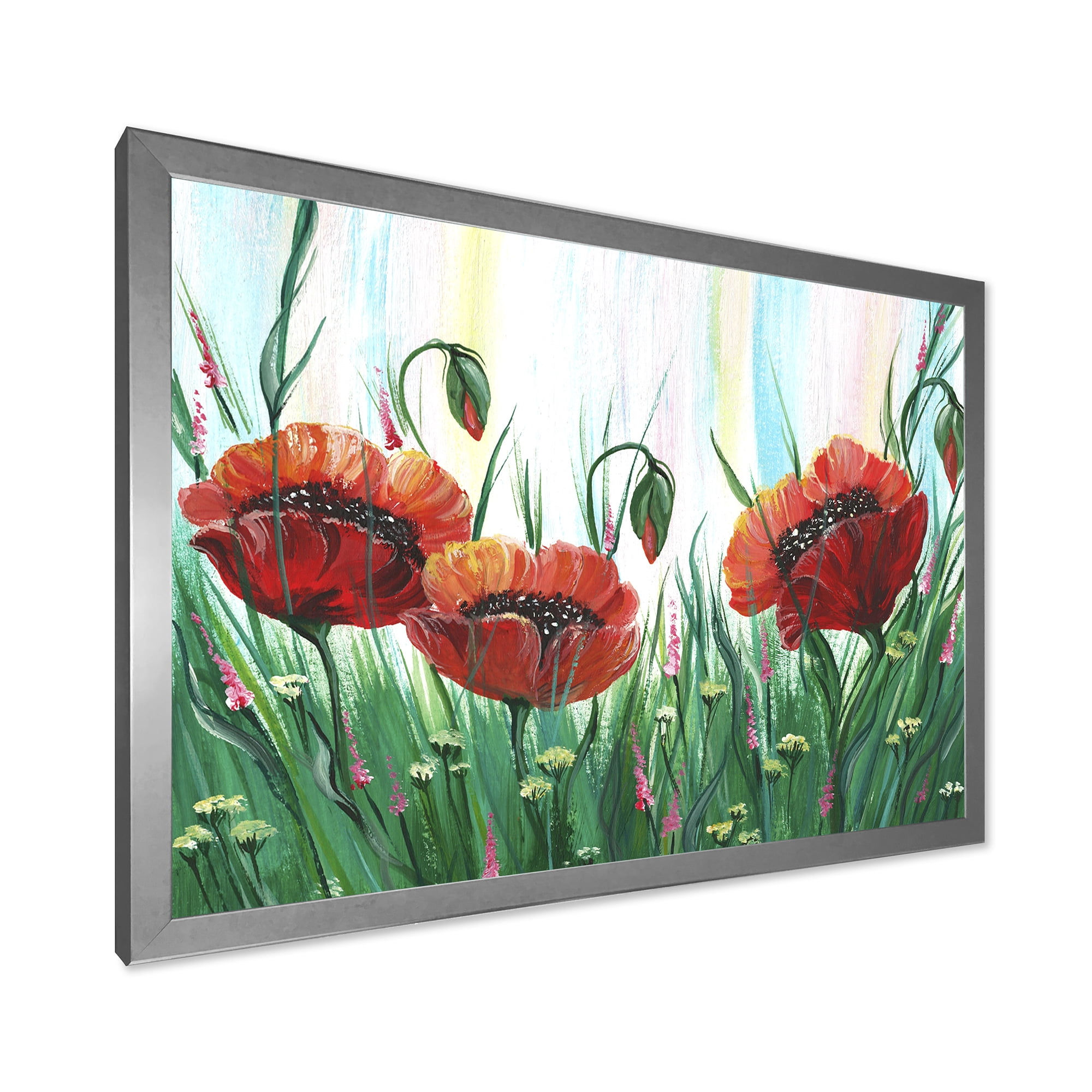 Designart 'Three Red Bright Poppy Flowers On A Green Meadow' Traditional Framed Art Print