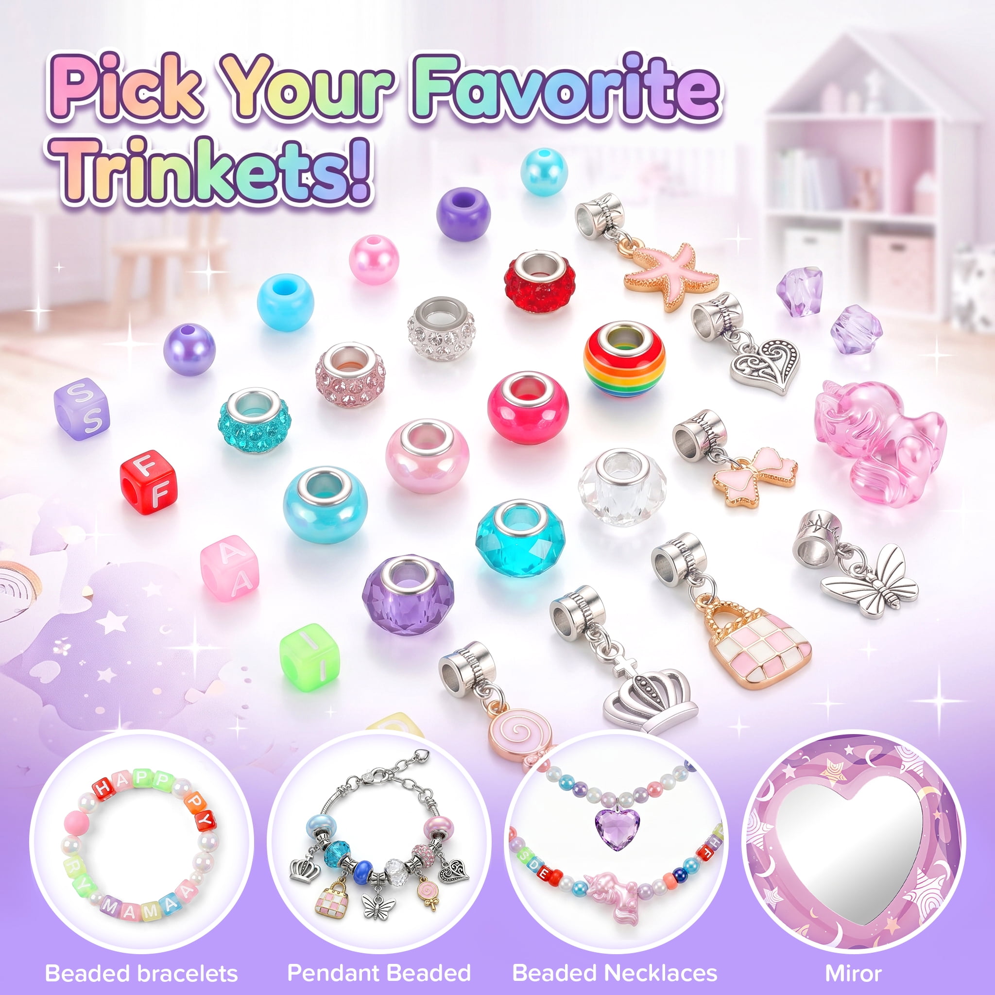 FUJILI Unicorn DIY Bead Jewelry Kit for Girls, Bracelet and Necklace Making Set with Mirror, Elastic Cord & Colorful Beads, Creative Craft Toy Gift for Ages 8-12
