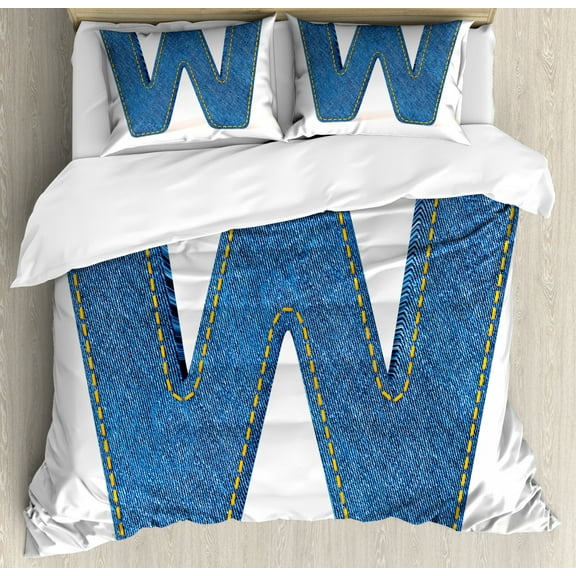 Letter W Queen Size Duvet Cover Set, Symmetrical Latin Letter Capital W with Blue Jean Pattern Typography Design Print, Decorative 3 Piece Bedding Set with 2 Pillow Shams, Blue Yellow, by Ambesonne