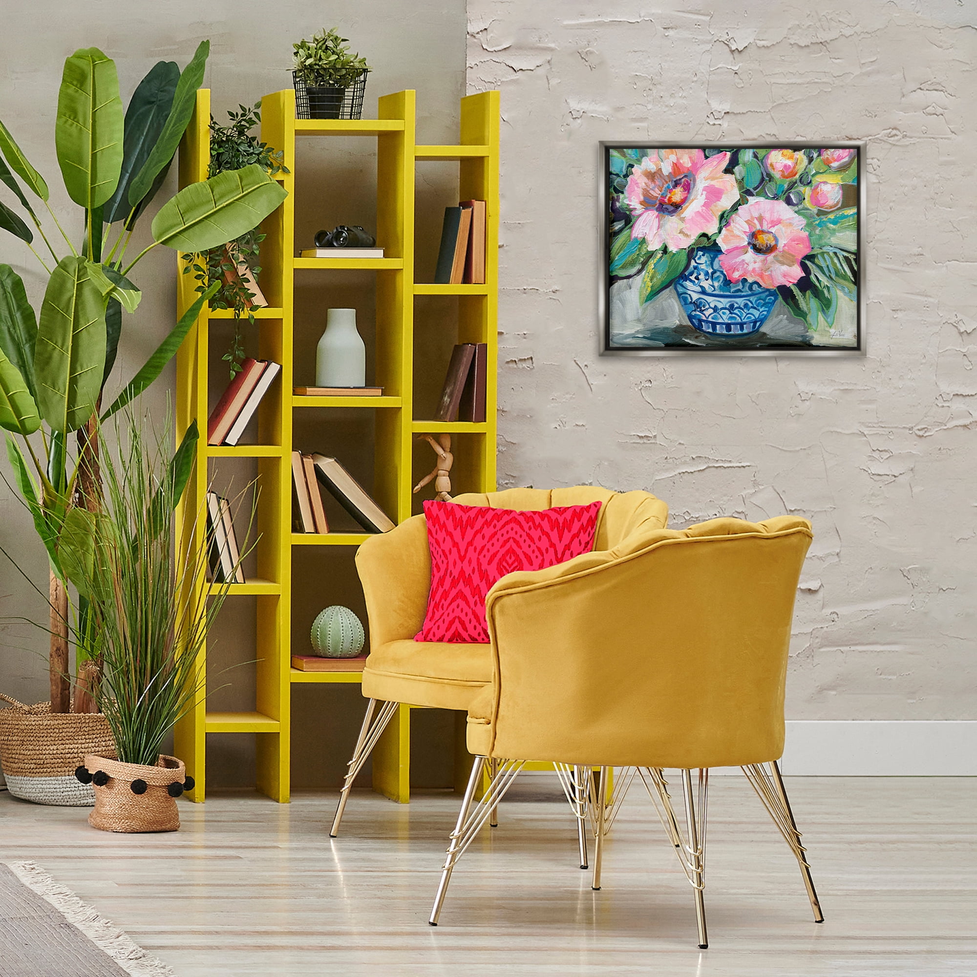 Stupell Industries Pink Gerber Daisy Bouquet Plants & Flowers Painting Gray Floater Framed Canvas Art Print Wall Art, 21 x 17