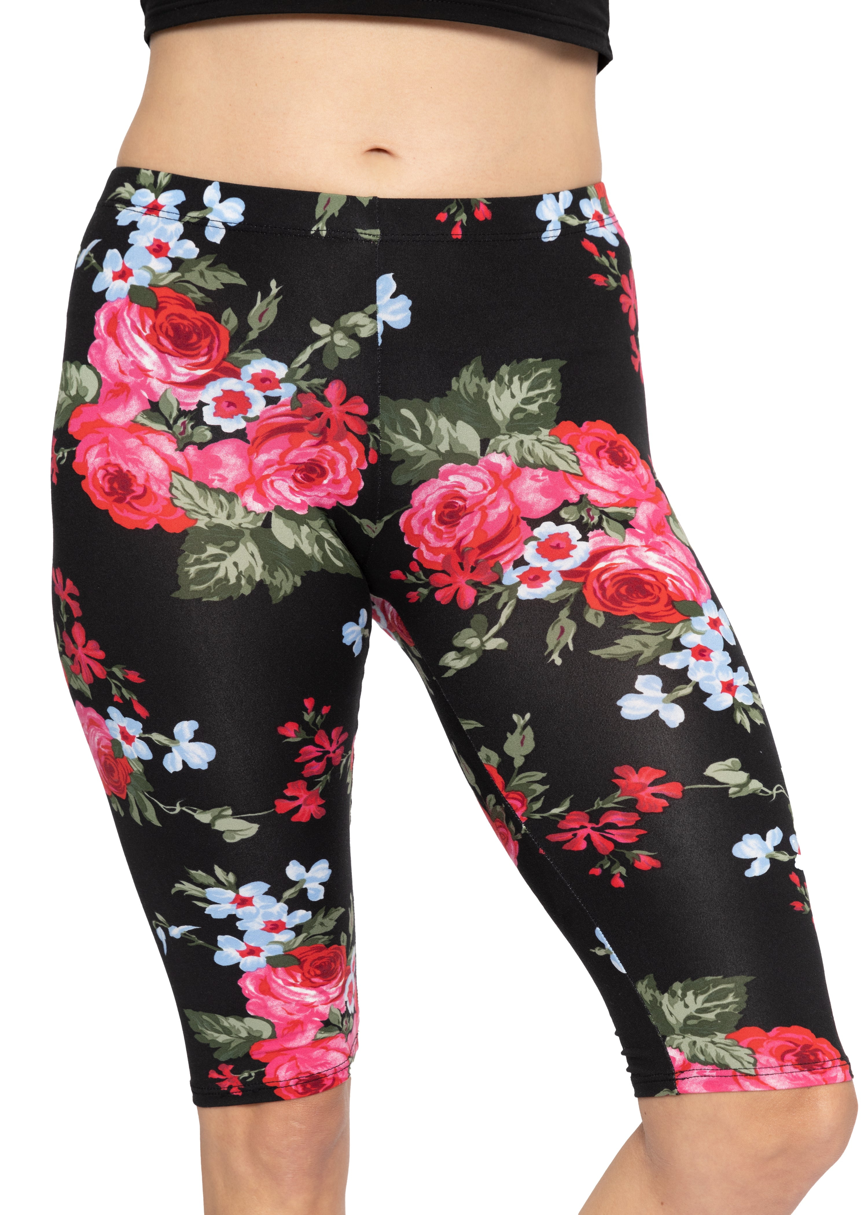 Plus Size Womens Floral Printed 3/4 Length Stretchy Trousers Capri Leggings Pant 