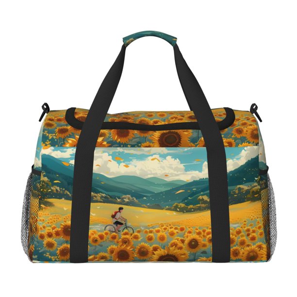 Balery Field Style Bicycle Young Sunflower Bolsa de Gimnasio para Mujeres, Bolsa de Viaje con Bolsillo Húmedo, Bolsa de Fin de Semana para Mujeres, Bolsa de Viaje Resistente al Agua