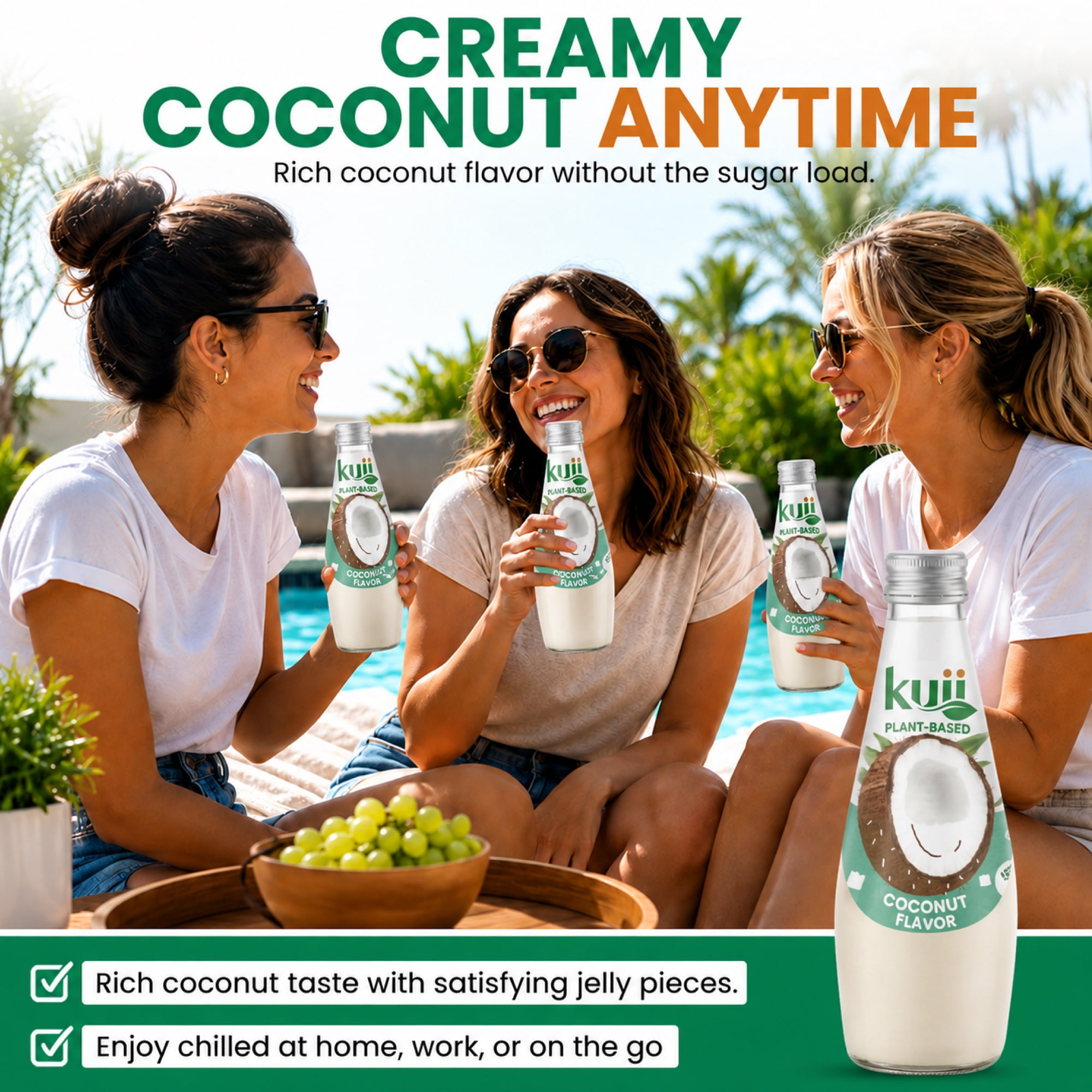 Kuii Drinks Coconut Milk with Nata de Coco, Original - No Sugar Added, 290 mL Single Glass Bottle