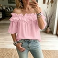 thumbnail image 4 of Uootdi Beach Tops for Women Off The Shoulder Ruffle Trim 3/4 Flare Sleeve Plain Soft Woven Loose Fit Coastal Holiday Cute Summer Tops for Women, 4 of 5