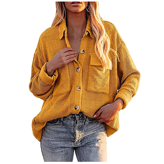 LOVZFMLL Vestes pour Femmes Cardigan en Velours Côtelé à Boutons Manches Longues Col Rabattu Chemise Ample Rembourrée avec Poche