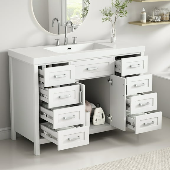Euroco 48" Bathroom Vanity with Sink, 2 Doors and 8 Drawers, Soft Close System, Classic Design, White