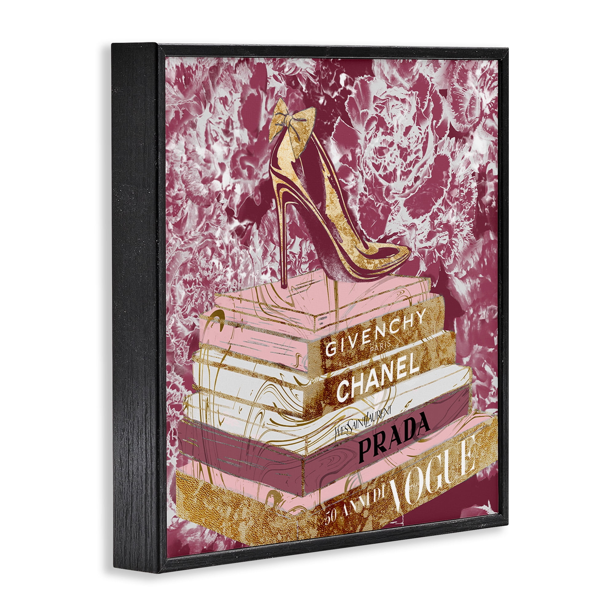 Stupell Industries Pink Glitz Heel on Designer Books Fashion Glam Floral Framed Wall Art Design by Ziwei Li, 12" x 12", Black Framed