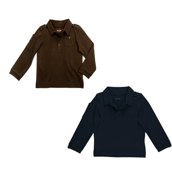 Kidsy Boys Solid Cargo Polo Peruvian Cotton T-Shirt – Long Sleeve, Polo Neck With 3 Buttons, Navy/Chocolate, 3